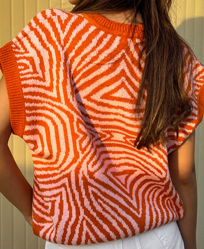 Gilet tricoté Zebra Illusion Orange X Blanc cassé