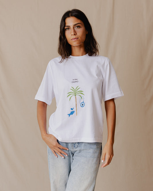 Mediterrane Palme Regelmäßiges T-Shirt Weiß