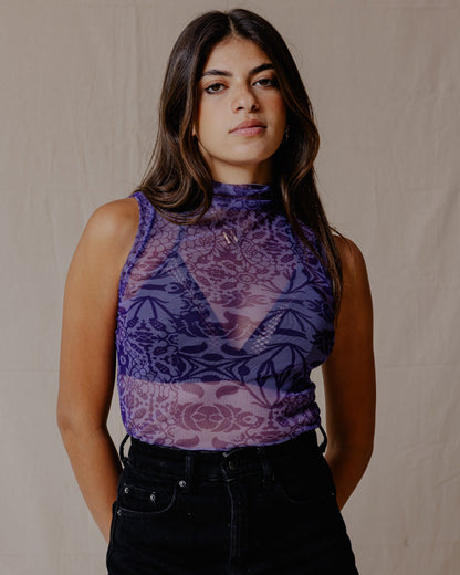 Floral Fusion Mesh Top Violet