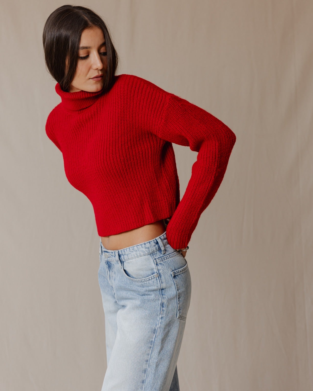 High Neck Cropped Pullover Red