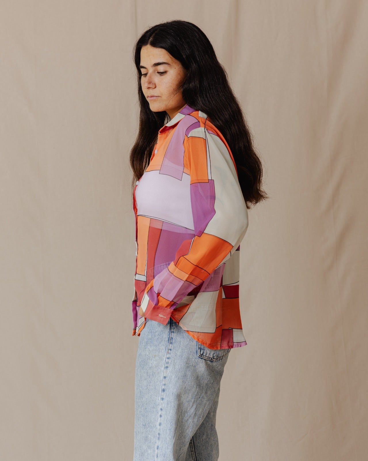 Patchwork Chiffon Camisa Naranja X Púrpura