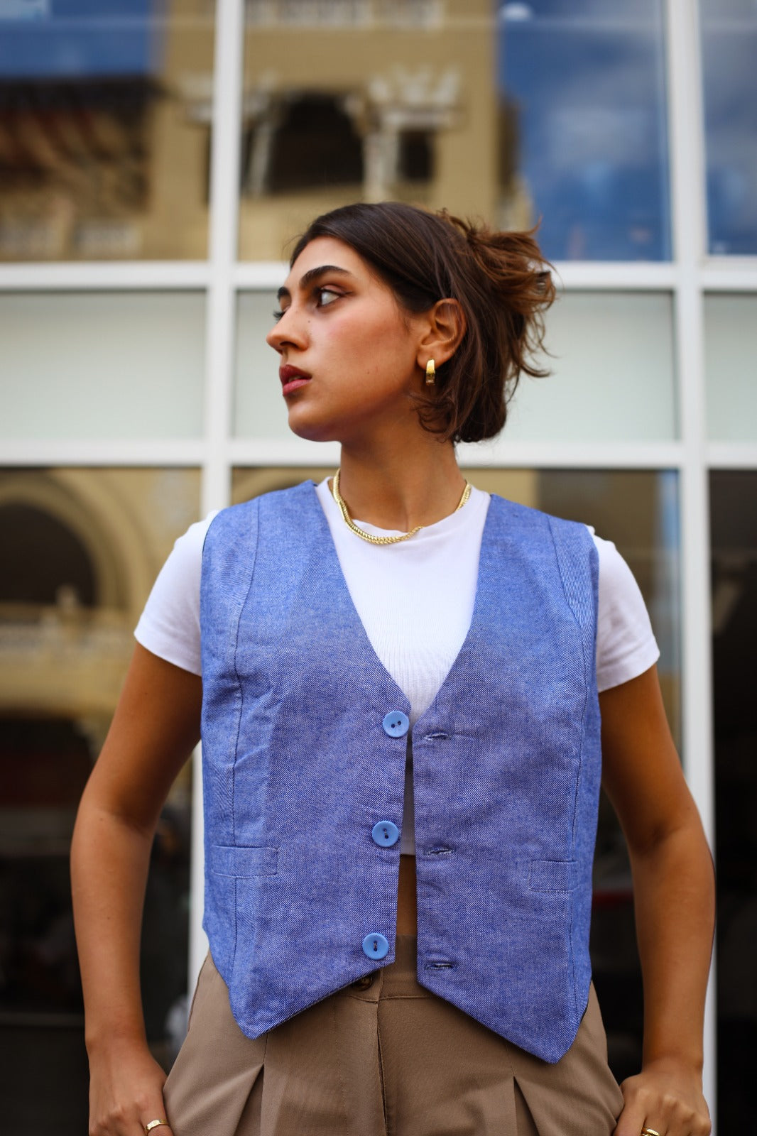 V-Neck Algodão Vest Azul