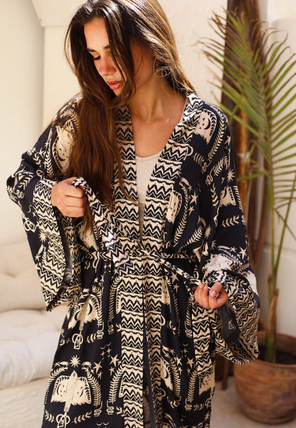 Kimono en coton Boho Birds noir