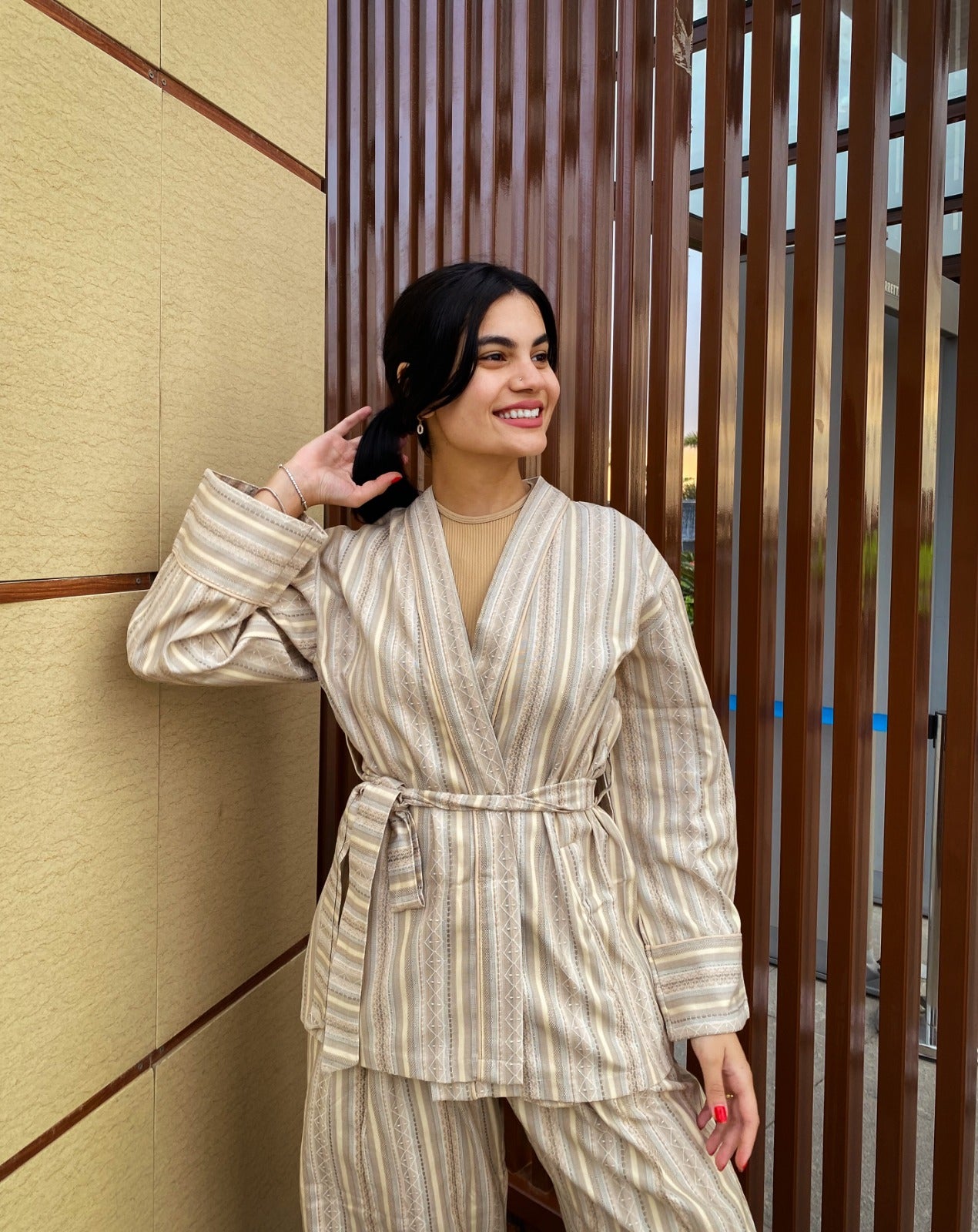 Striped Kimono Monochrome Beige