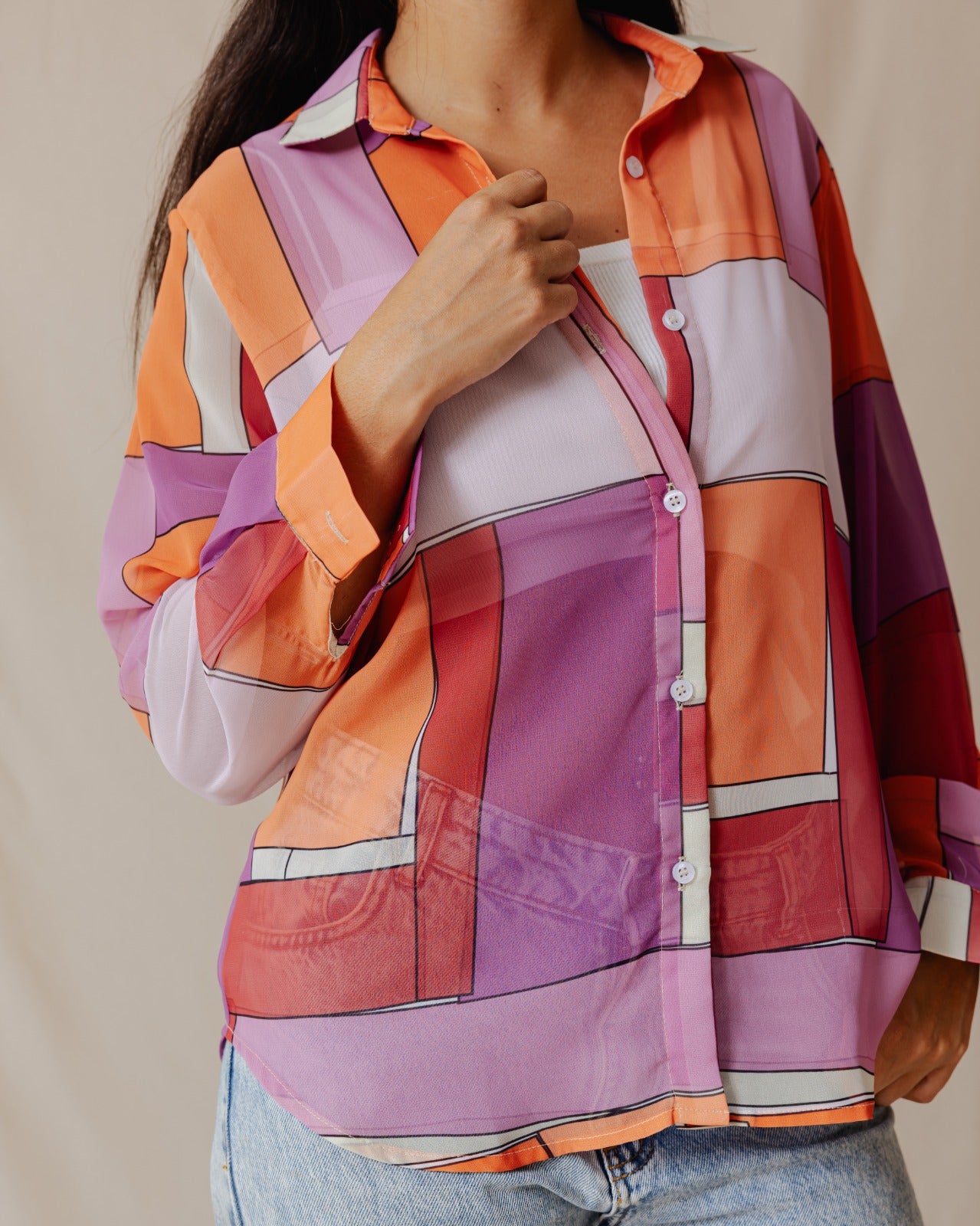 Patchwork Chiffon Camisa Naranja X Púrpura