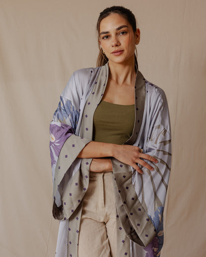 Kimono Lilly Giardino Satinato Viola X Azzurro