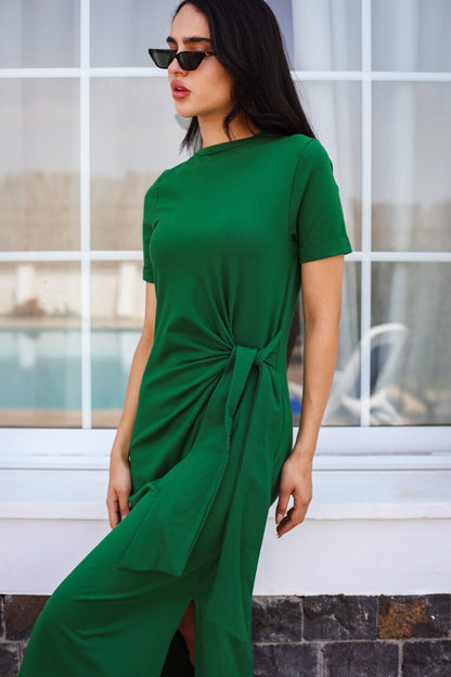 Side Tie Cotton Dress Green