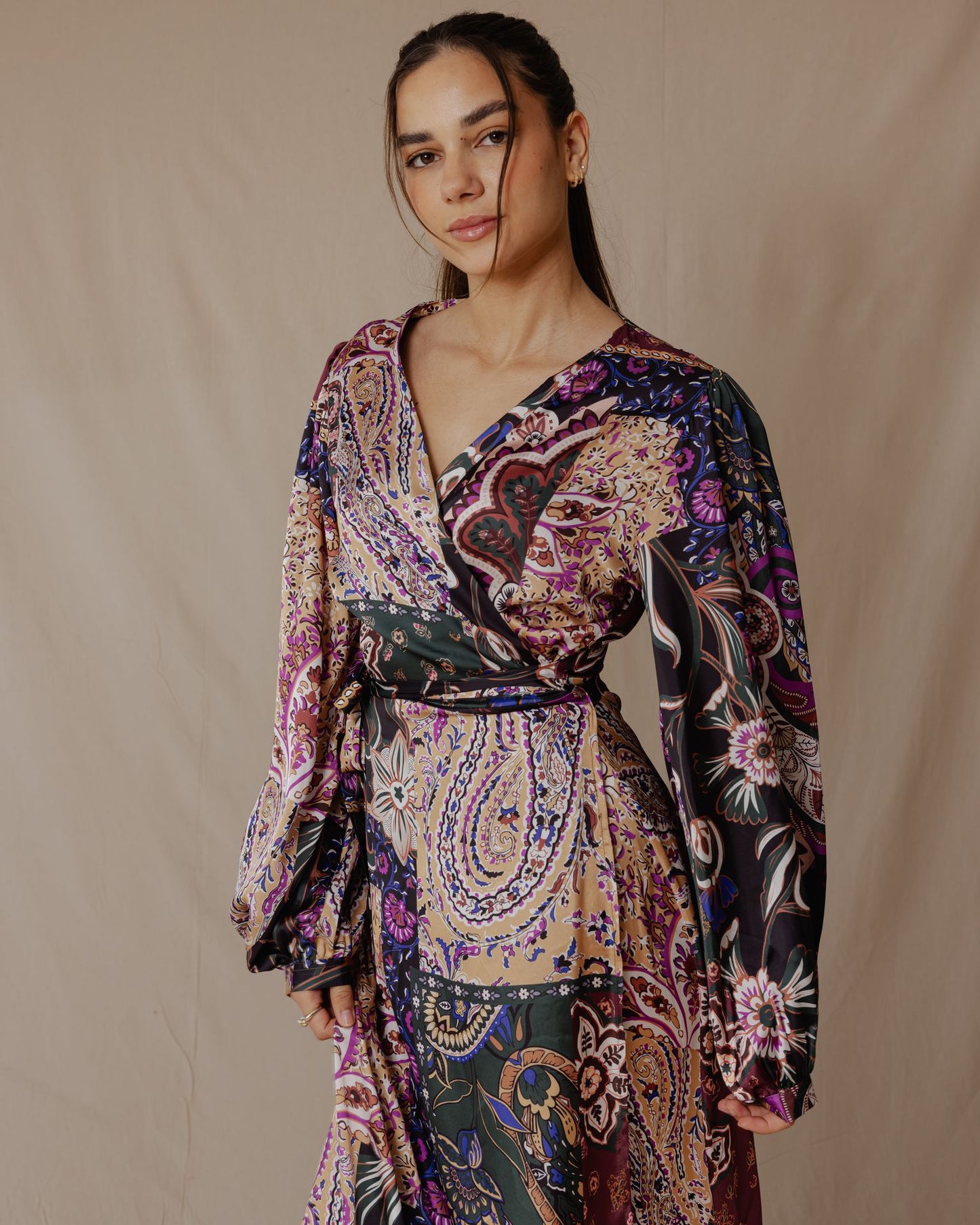 Patchwork Floral Wrap Robe Foncé