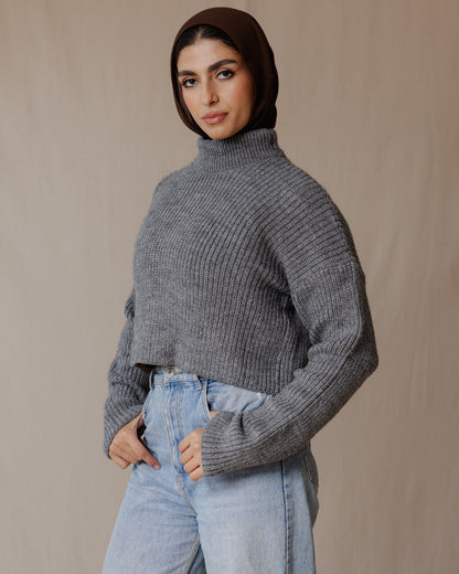 High Neck Cropped Pullover Grey