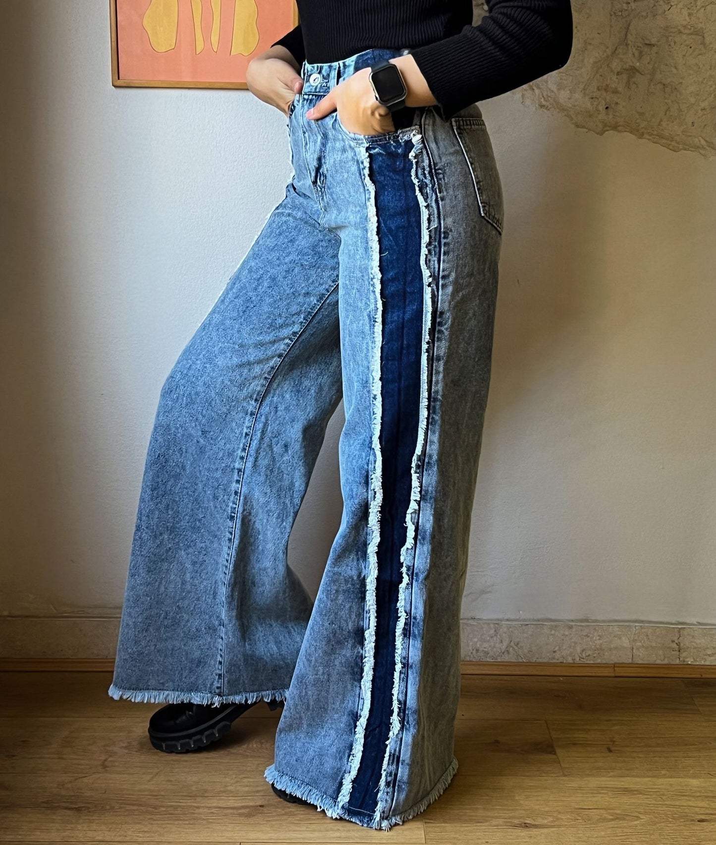 Pantalon en jean bicolore