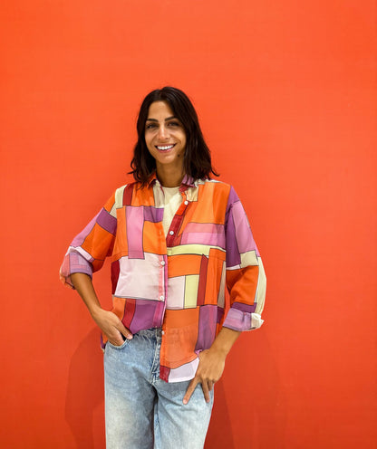 Patchwork Chiffon Camisa Naranja X Púrpura