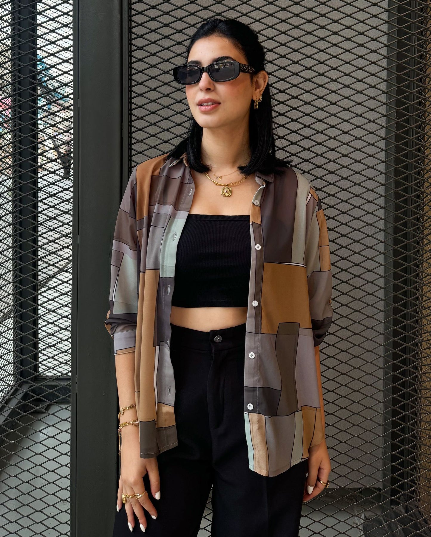 Patchwork Chiffon Shirt In Brown Shades