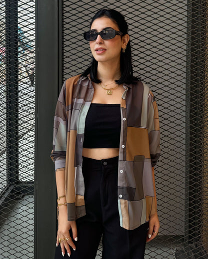 Patchwork Chiffon Shirt In Brown Shades