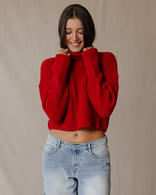 High Neck Cropped Pullover Red