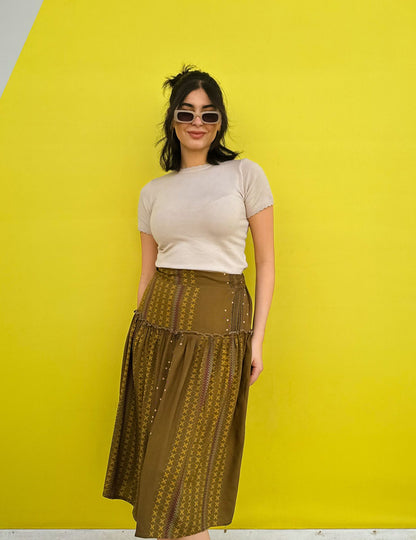 Geometric Lines Midi Skirt Olive