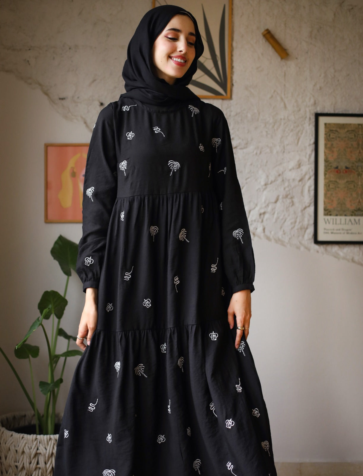 Starry Palm Tree Besticktes Kleid Schwarz