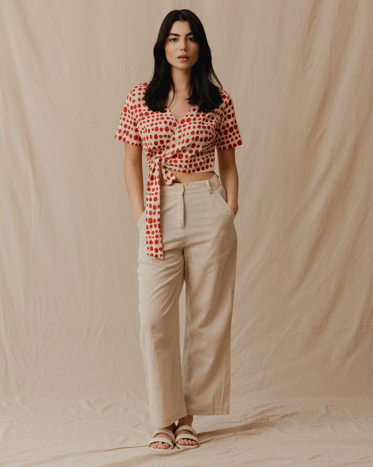 Canela Polka Dot Linen Top