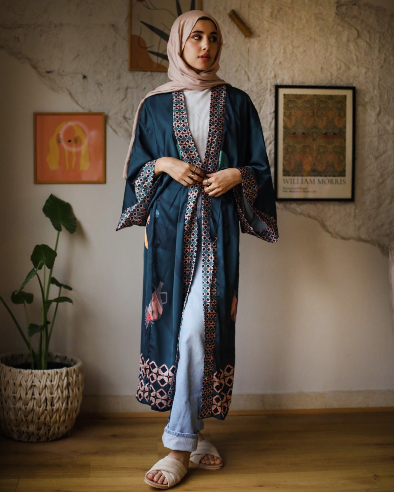 Egyptian Goddess Energy Satin Kimono Teal