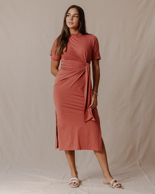 Side Tie Cotton Dress Brick