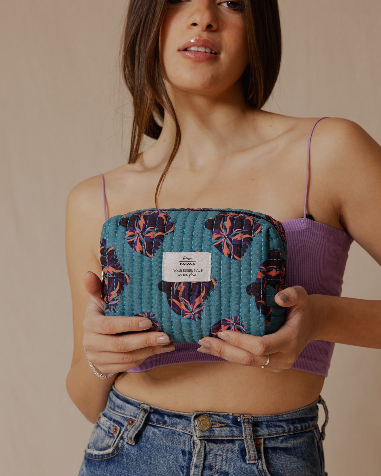 Borsa per il trucco Flower Bird Teal