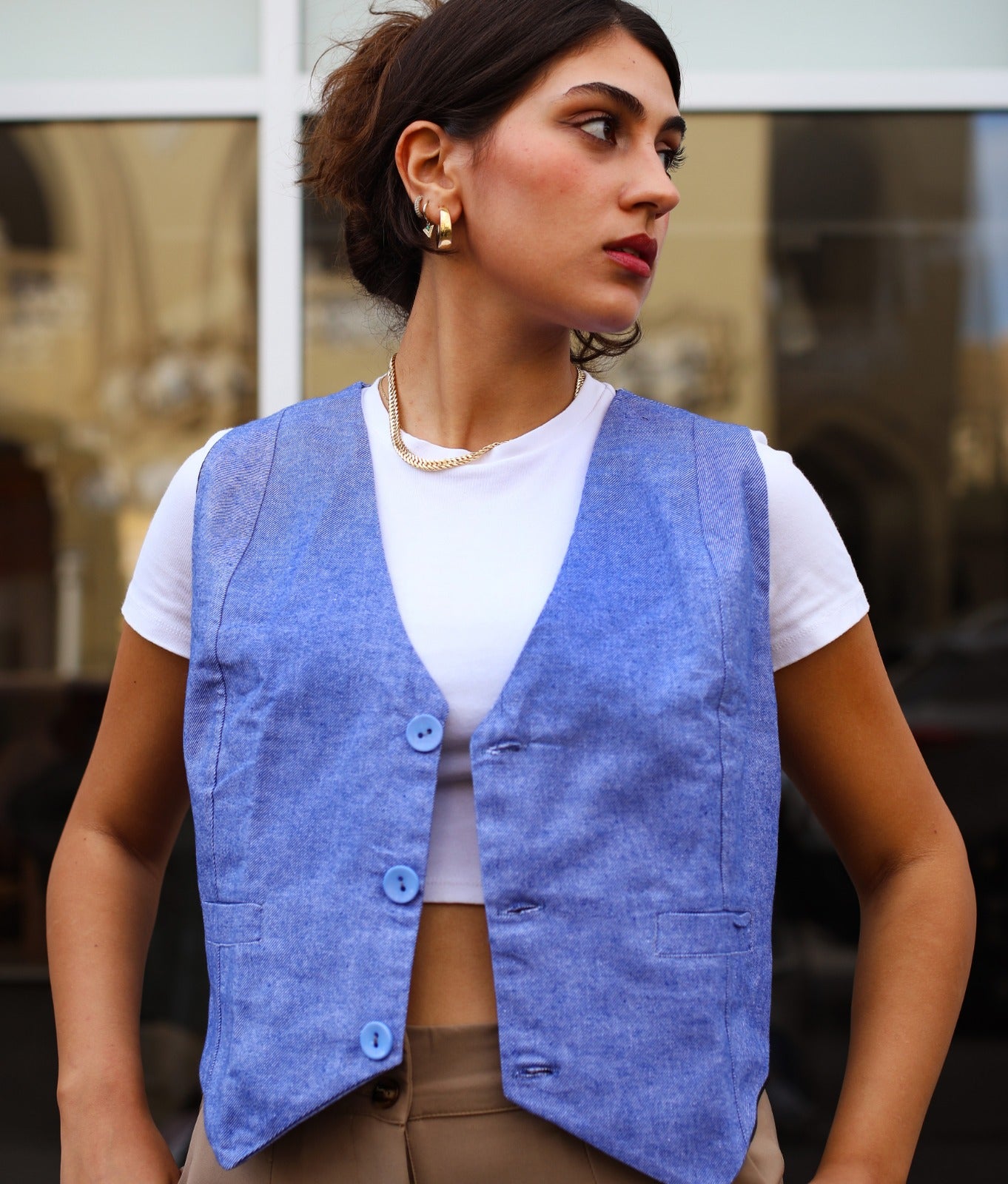 Gilet in cotone con scollo a V Blu