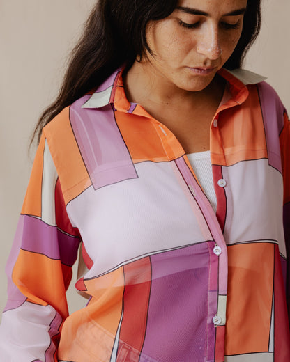 Patchwork Chiffon Camisa Naranja X Púrpura