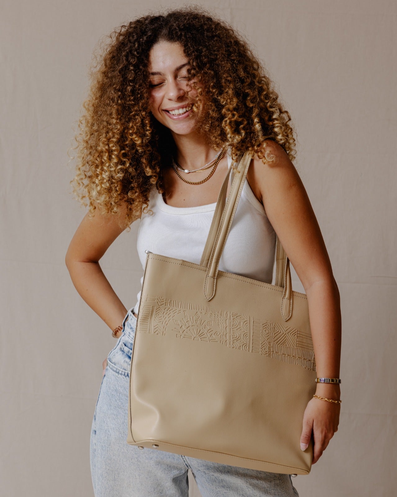 The Mayan Leather Tote Beige