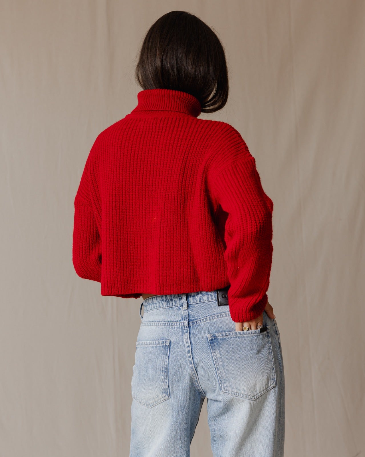 High Neck Cropped Pullover Red