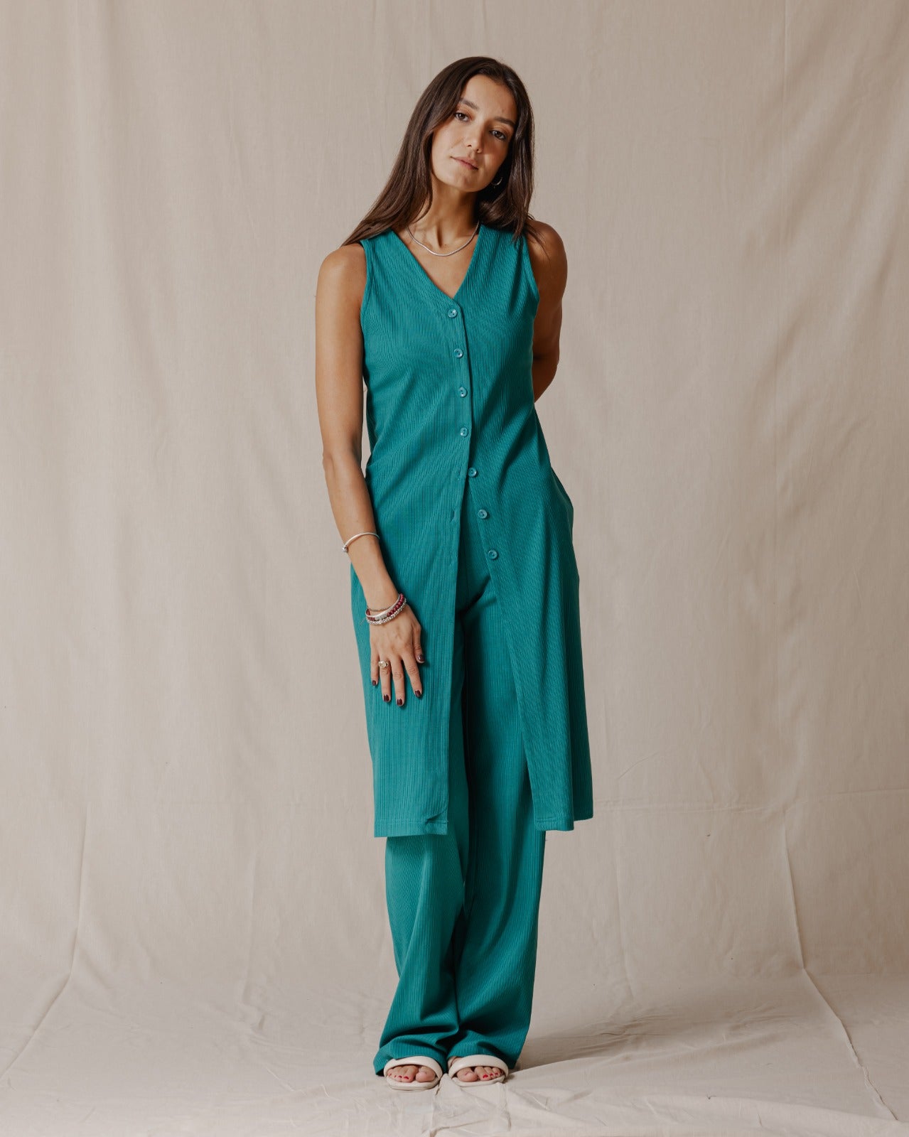 Buttoned Sleeveless Set Teal