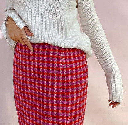 Pink Houndstooth Knee Length Skirt