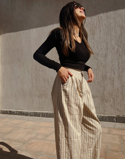 Pantalon large à rayures monochrome beige