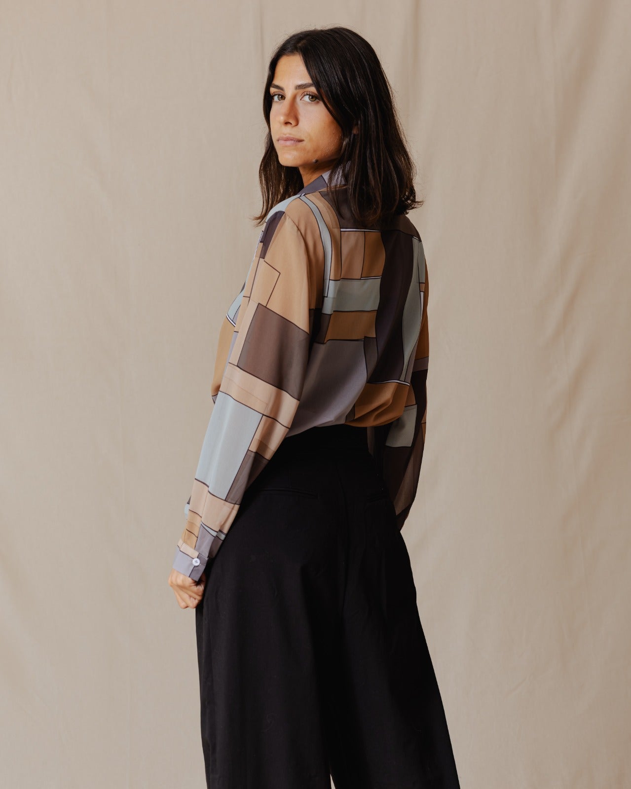 Patchwork Chiffon Shirt In Brown Shades