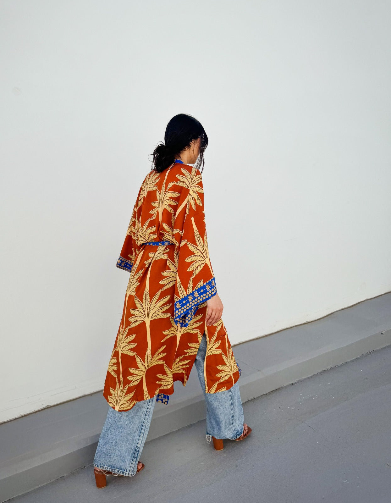 Palms Cotton Kimono Orange X Blue