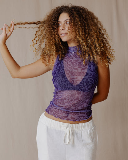 Floral Fusion Mesh Top Violet