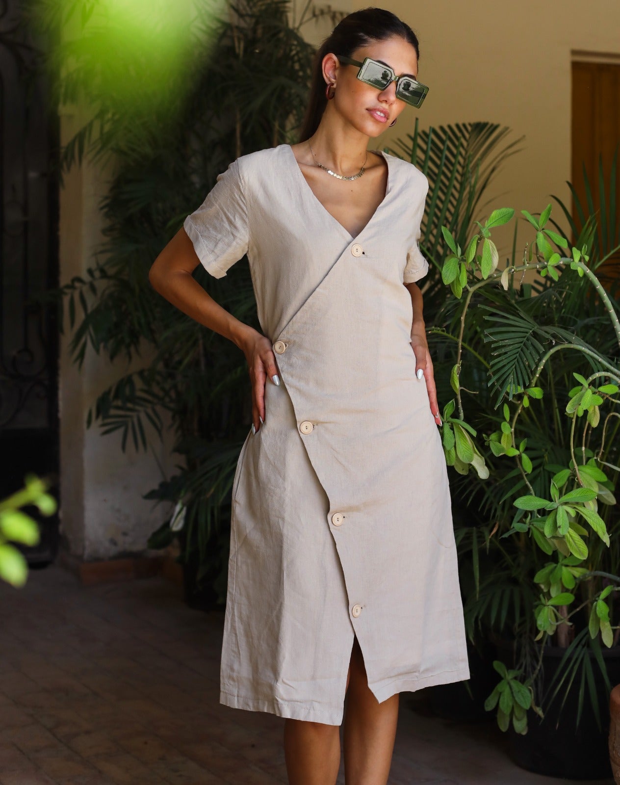 Resort Linho Vestido Bege