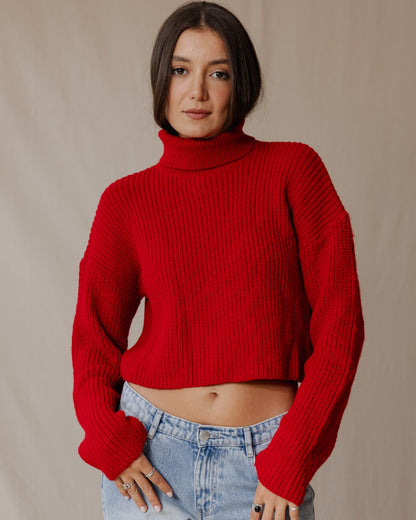 High Neck Cropped Pullover Red