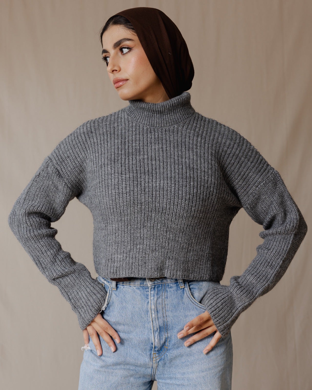 High Neck Cropped Pullover Grey