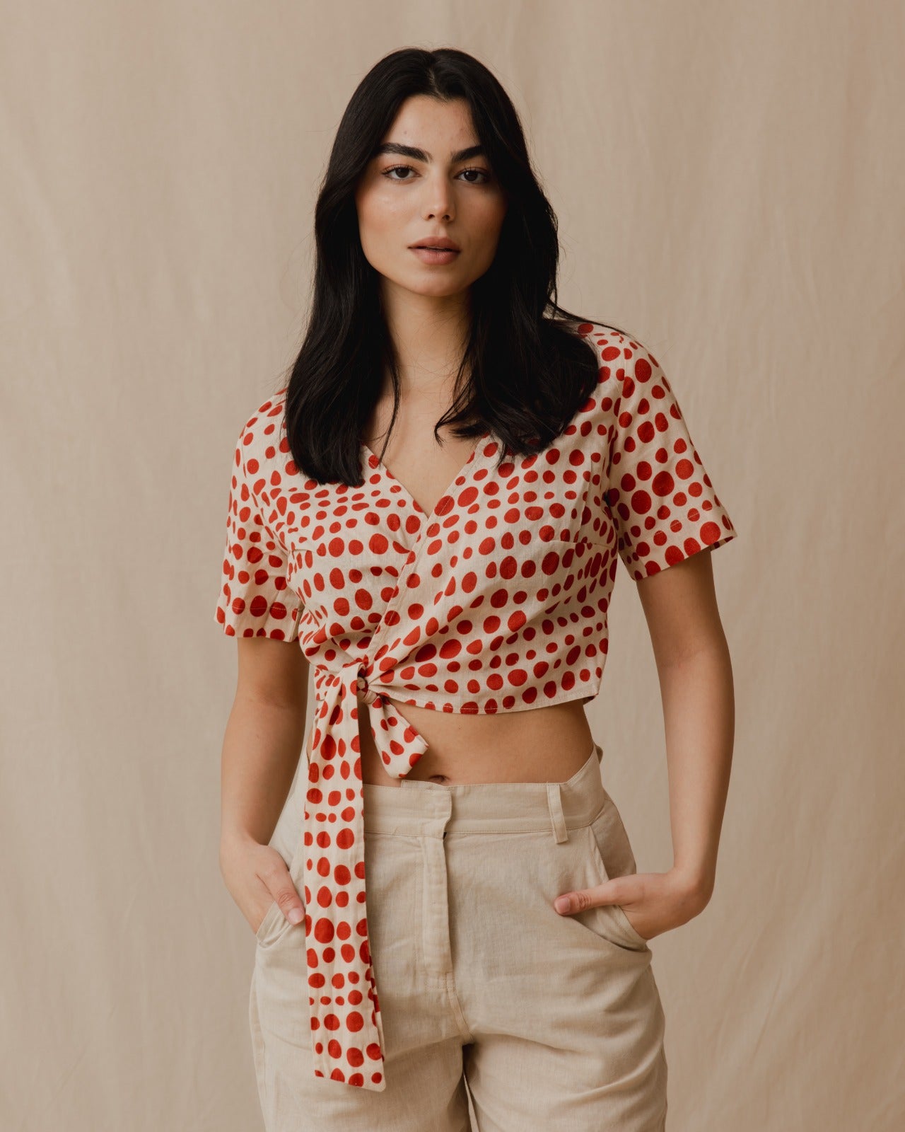 Canela Polka Dot Linen Top