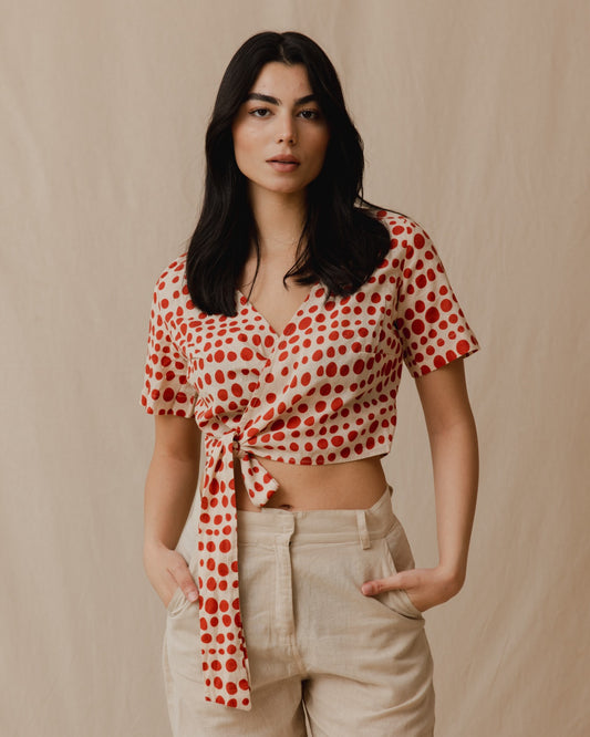 Cinnamon Polka Dot Linen Top