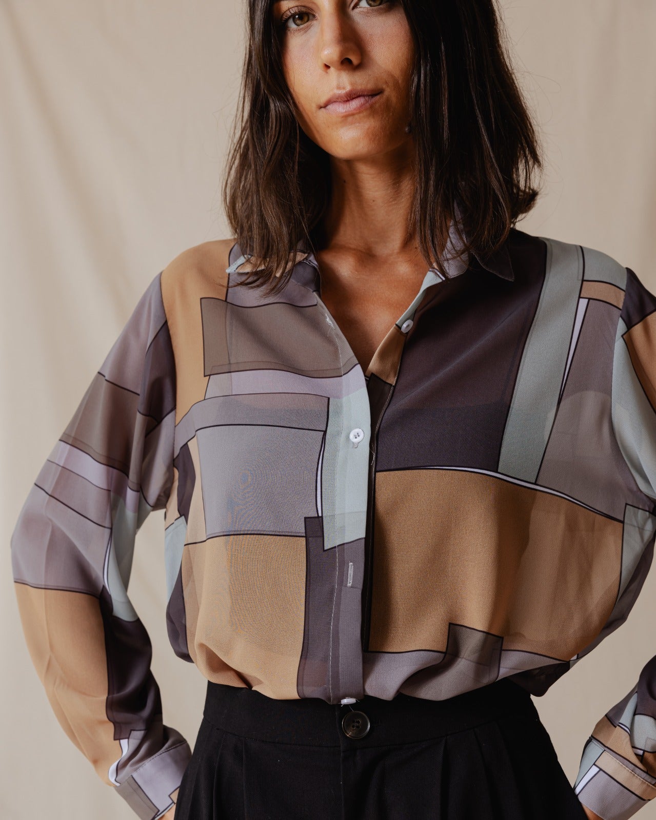 Patchwork Chiffon Shirt In Brown Shades