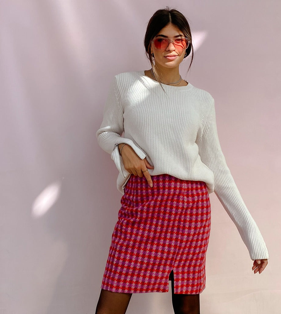 Pink Houndstooth Knee Length Skirt