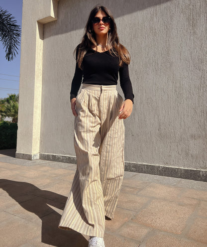 Pantalon large à rayures monochrome beige