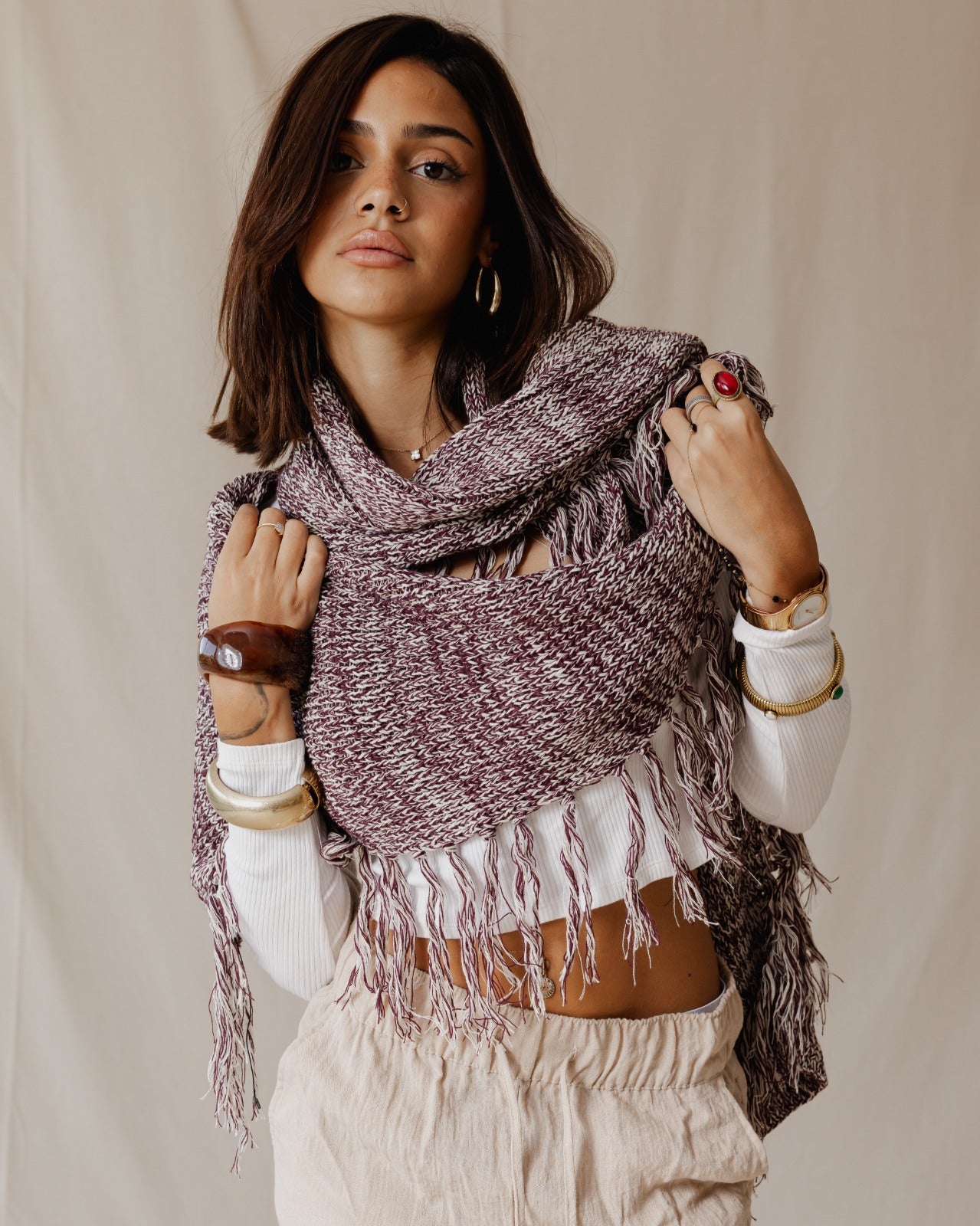 Handmade Allover Fringe Scarf Burgundy