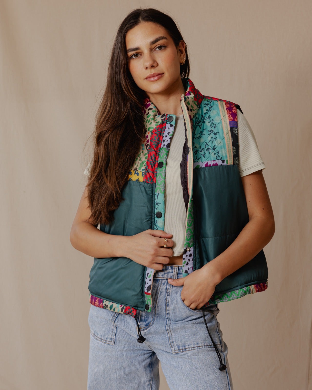 Indian Florals Waterproof Vest Petroleum