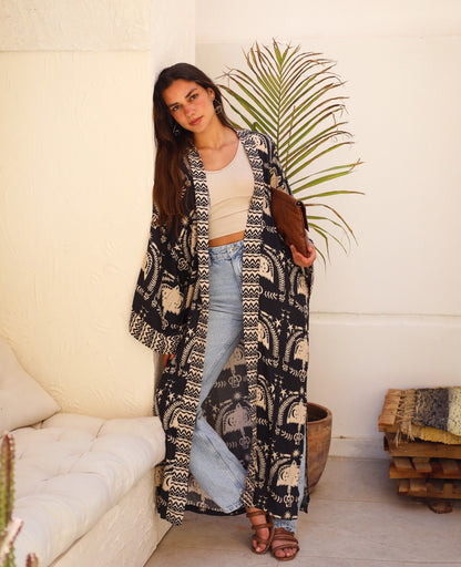 Kimono en coton Boho Birds noir