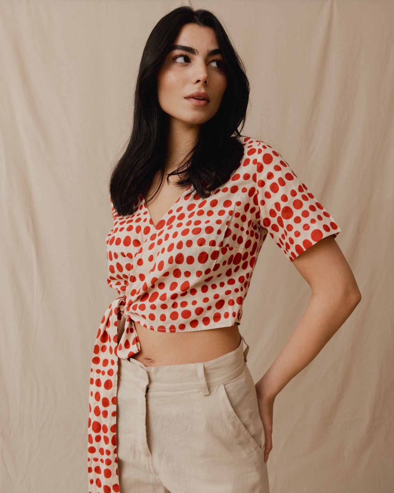 Canela Polka Dot Linen Top