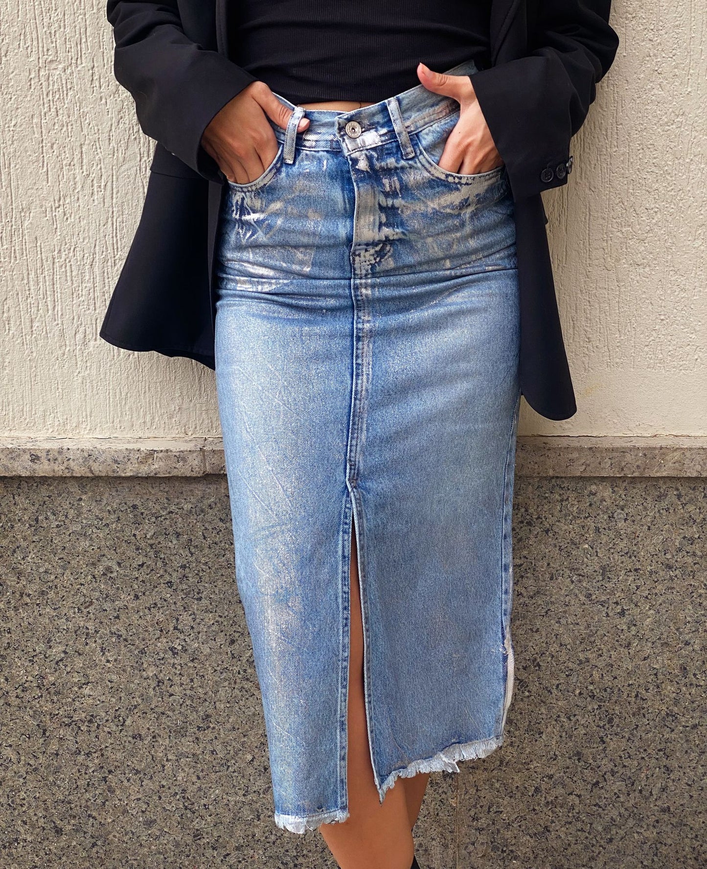 Metallic Denim Skirt With A Slit