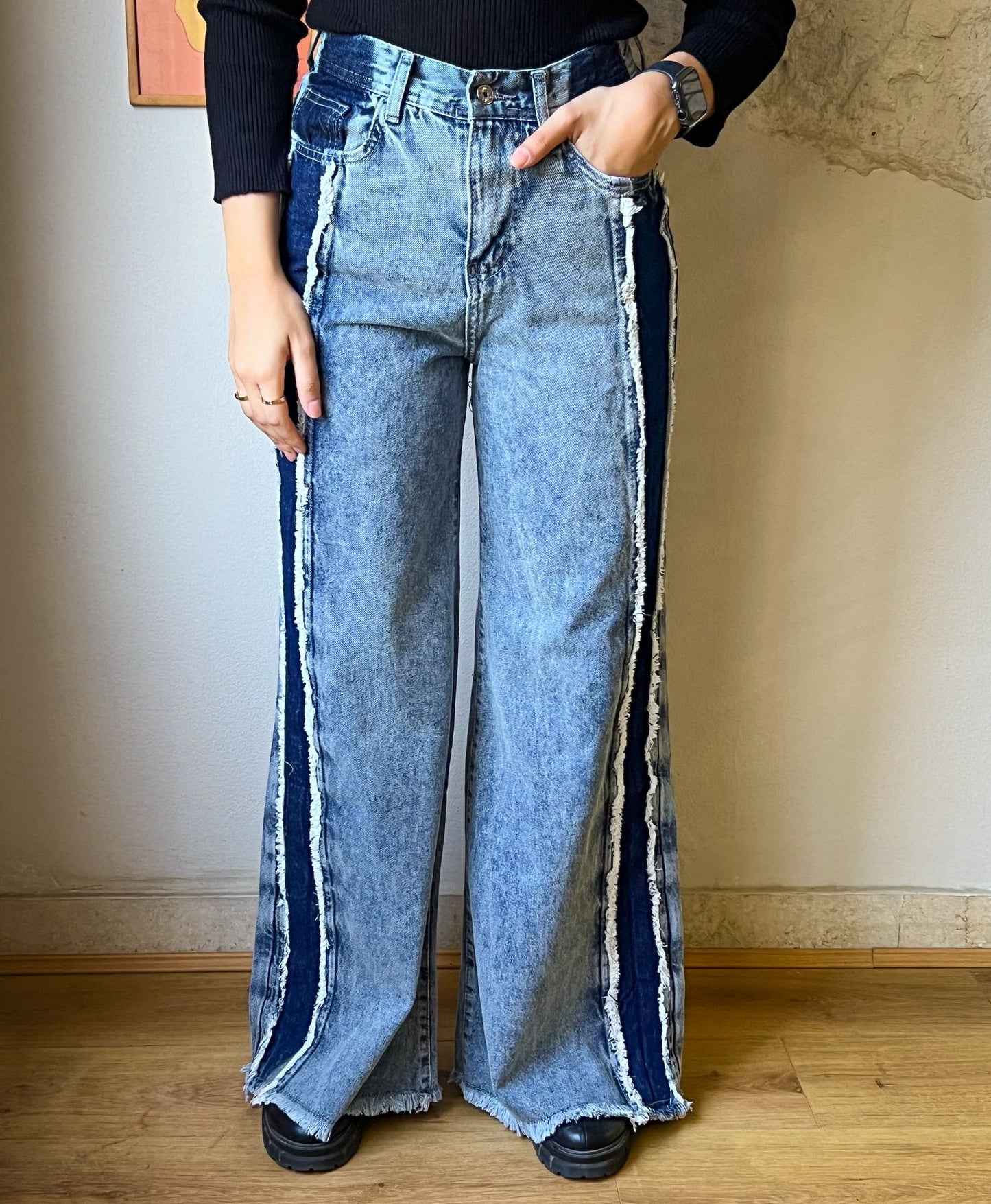 Pantalon en jean bicolore