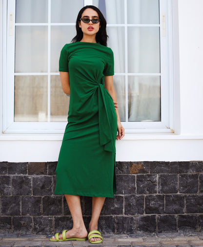 Side Tie Cotton Dress Green