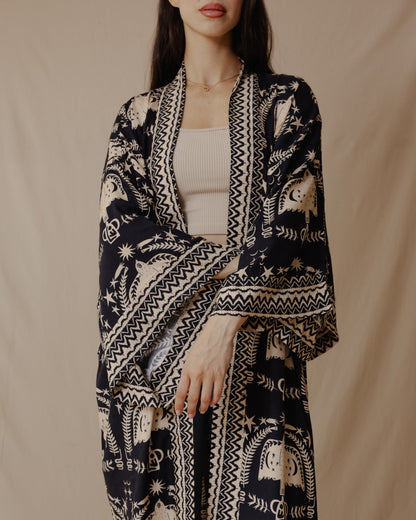 Kimono en coton Boho Birds noir